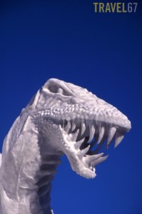 A snowy T-rex with beads of frozen saliva.