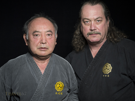Yoshiaki Gakiya Sensei and Neil Stolsmark 8th-dan, Matayoshi Kobudo. Okinawa Kobudo Doushi Rensei-kai