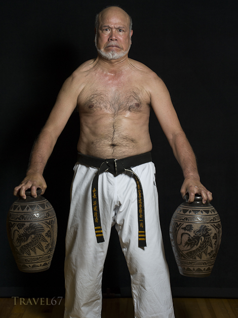 Kiyohide Shinjo training with  awamori jugs. 