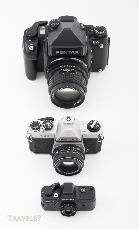 Pentax film SLR cameras in different film formats. 67II medium format, K1000 35mm, Auto110 110 film