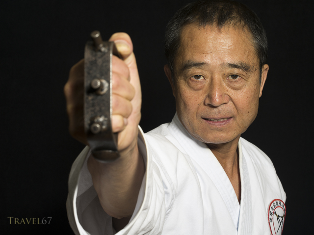 Yukio Kuniyoshi. Kaicho of Ryukyu Kobudo Hozon Shinko Kai. Training on Okinawa, Japan with tekko ( knuckledusters ).