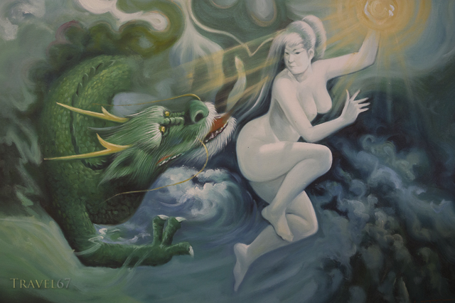 Yuta (priestess) Ayako Toguchi conducts prayers at sea cave called Sururu Gama on the coast of Kouri Island, Okinawa, Japan