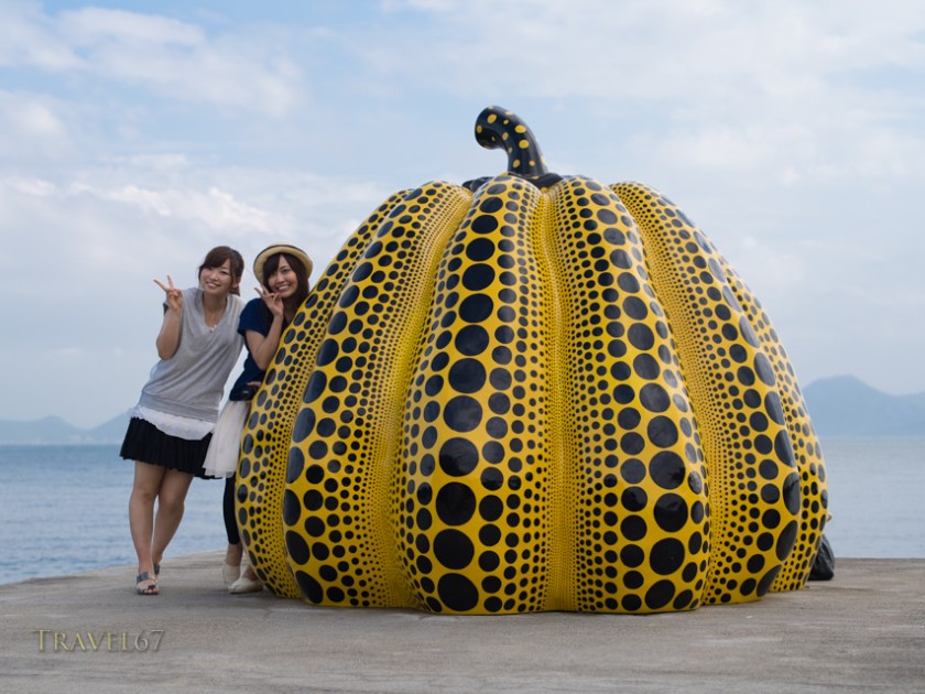 Giant yellow pop art pumpkin by the Japanese artist Yayoi Kusama. Benesse Art Site Naoshima, Japan