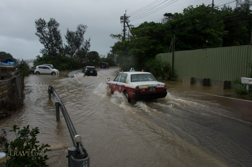 Coast roads in Nakijin Town, Okinawa, flood due to heavy rains from Typhoon Chan-hom. 10 July 2015